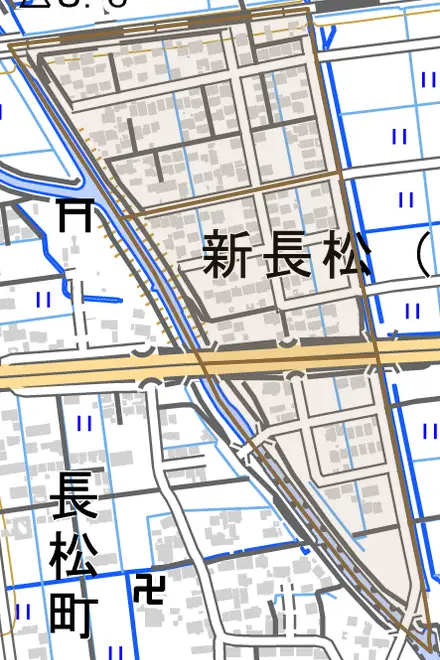 新長松とその周辺の地図。町の範囲を重ねている