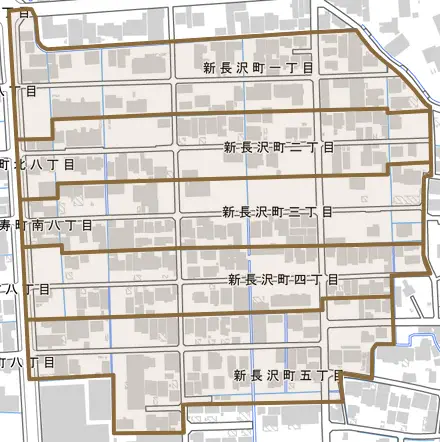 新長沢町とその周辺の地図。町の範囲を重ねている
