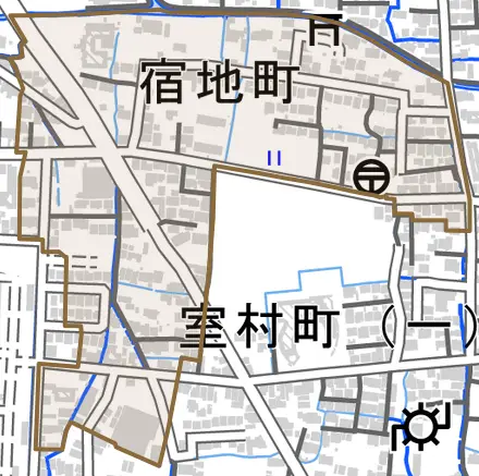宿地町とその周辺の地図。町の範囲を重ねている