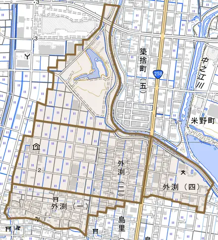 外渕とその周辺の地図。町の範囲を重ねている