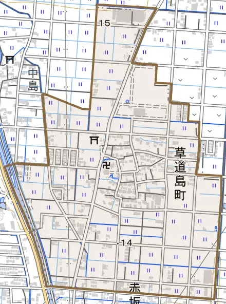 草道島町とその周辺の地図。町の範囲を重ねている