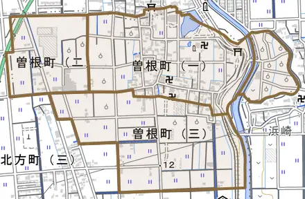 曽根町とその周辺の地図。町の範囲を重ねている