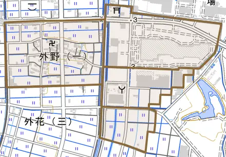 外野とその周辺の地図。町の範囲を重ねている