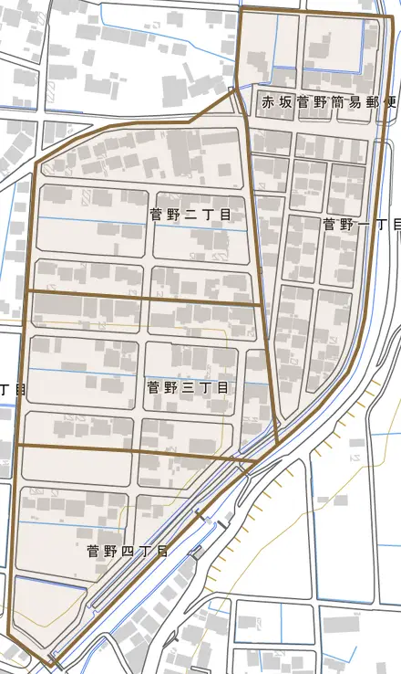 菅野とその周辺の地図。町の範囲を重ねている