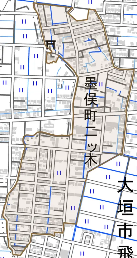 墨俣町二ツ木とその周辺の地図。町の範囲を重ねている