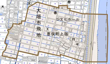 墨俣町上宿とその周辺の地図。町の範囲を重ねている