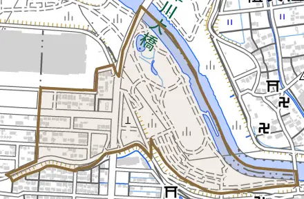 墨俣町さい川とその周辺の地図。町の範囲を重ねている
