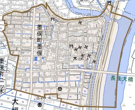 墨俣町墨俣とその周辺の地図。町の範囲を重ねている