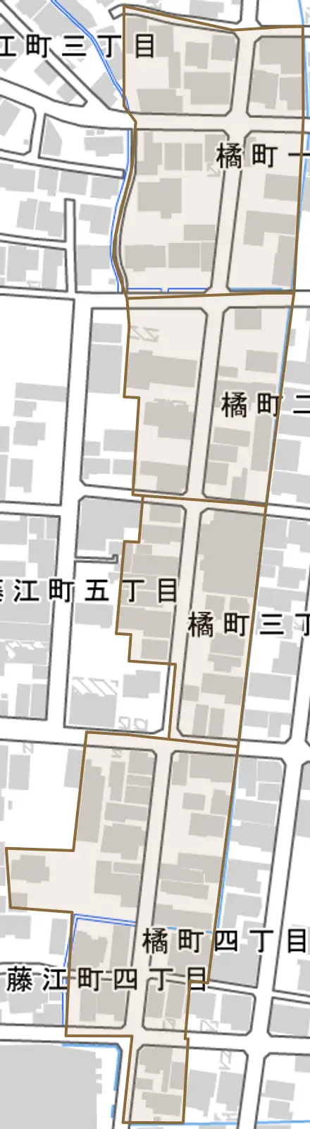 橘町とその周辺の地図。町の範囲を重ねている