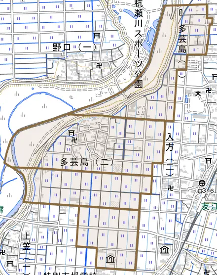 多芸島とその周辺の地図。町の範囲を重ねている