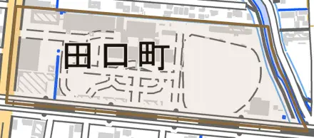 田口町とその周辺の地図。町の範囲を重ねている