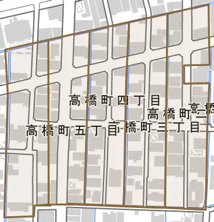 高橋町とその周辺の地図。町の範囲を重ねている