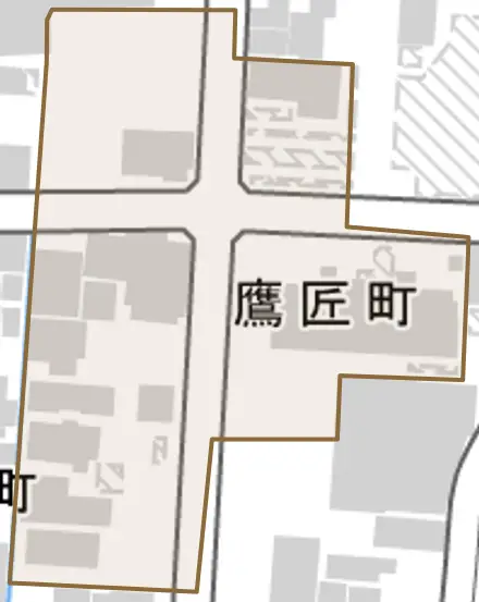 鷹匠町とその周辺の地図。町の範囲を重ねている