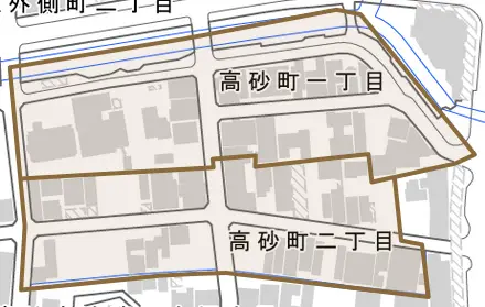 高砂町とその周辺の地図。町の範囲を重ねている