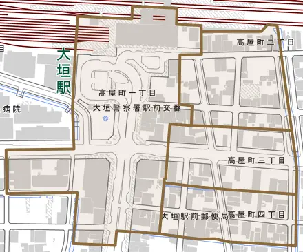 高屋町とその周辺の地図。町の範囲を重ねている