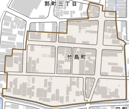 竹島町とその周辺の地図。町の範囲を重ねている