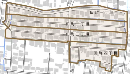 田町とその周辺の地図。町の範囲を重ねている