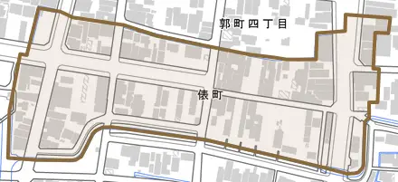 俵町とその周辺の地図。町の範囲を重ねている