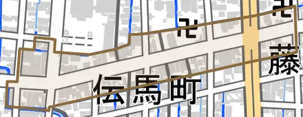 伝馬町とその周辺の地図。町の範囲を重ねている