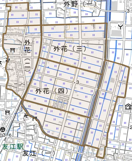 外花とその周辺の地図。町の範囲を重ねている