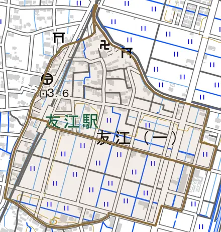 友江とその周辺の地図。町の範囲を重ねている