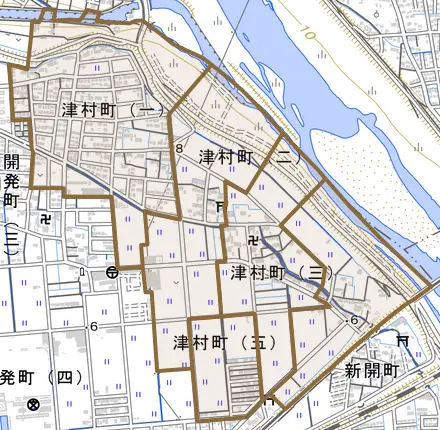 津村町とその周辺の地図。町の範囲を重ねている