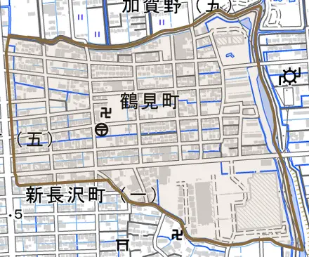 鶴見町とその周辺の地図。町の範囲を重ねている