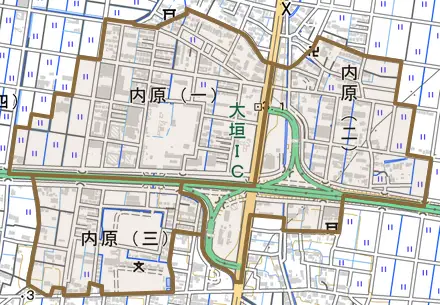 内原とその周辺の地図。町の範囲を重ねている