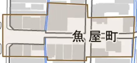 魚屋町とその周辺の地図。町の範囲を重ねている