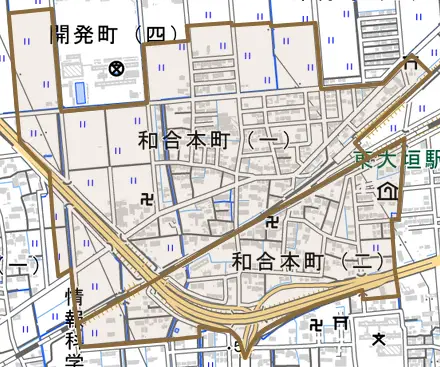和合本町とその周辺の地図。町の範囲を重ねている