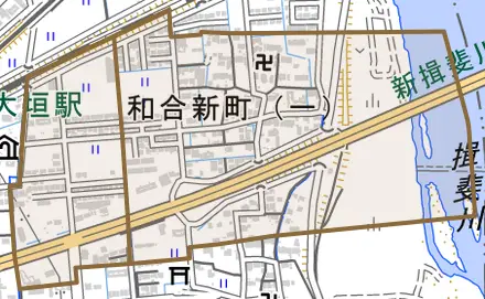 和合新町とその周辺の地図。町の範囲を重ねている