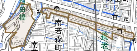 若森町とその周辺の地図。町の範囲を重ねている