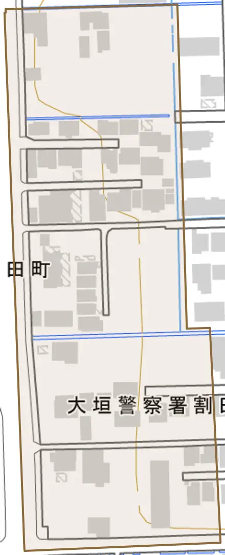 割田町とその周辺の地図。町の範囲を重ねている