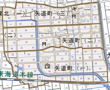 矢道町とその周辺の地図。町の範囲を重ねている