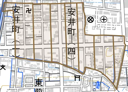 安井町とその周辺の地図。町の範囲を重ねている