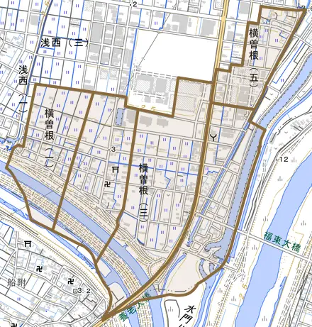 横曽根とその周辺の地図。町の範囲を重ねている