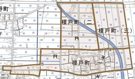 榎戸町とその周辺の地図。町の範囲を重ねている