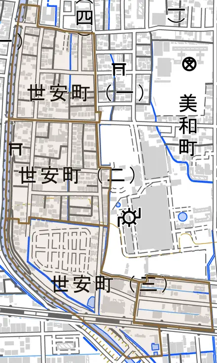 世安町とその周辺の地図。町の範囲を重ねている