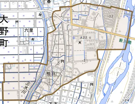 大字相羽とその周辺の地図。町の範囲を重ねている