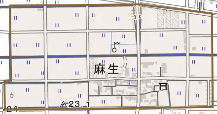 大字麻生とその周辺の地図。町の範囲を重ねている