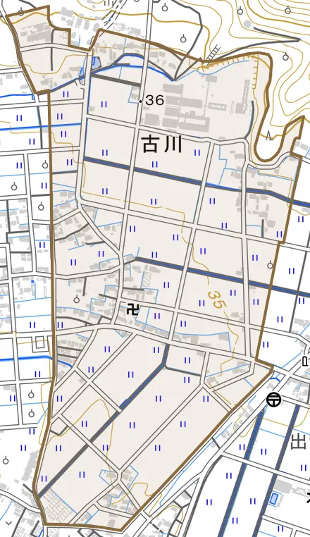 大字古川とその周辺の地図。町の範囲を重ねている