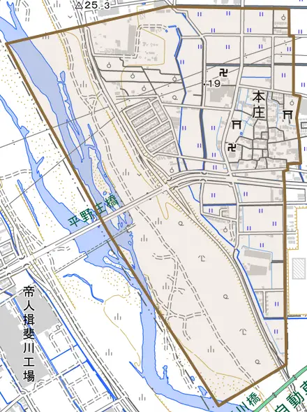 大字本庄とその周辺の地図。町の範囲を重ねている