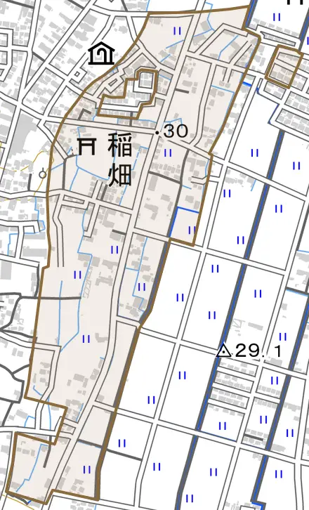 大字稲畑とその周辺の地図。町の範囲を重ねている