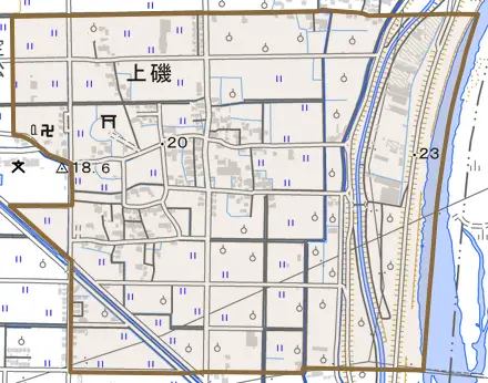 大字上磯とその周辺の地図。町の範囲を重ねている
