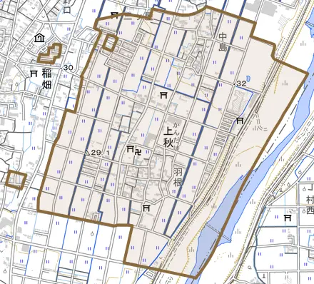 大字上秋とその周辺の地図。町の範囲を重ねている