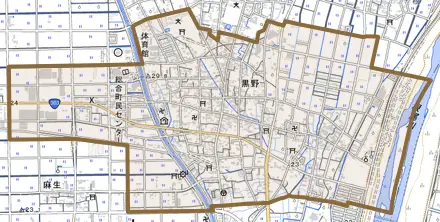 大字黒野とその周辺の地図。町の範囲を重ねている