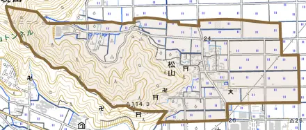 大字松山とその周辺の地図。町の範囲を重ねている