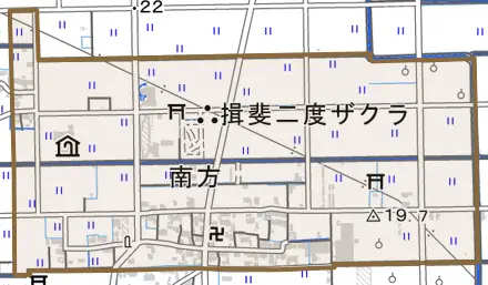 大字南方とその周辺の地図。町の範囲を重ねている