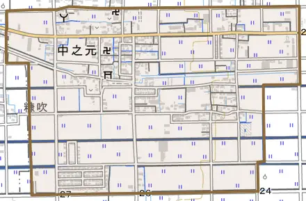 大字中之元とその周辺の地図。町の範囲を重ねている