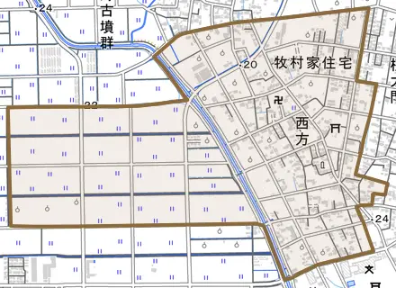 大字西方とその周辺の地図。町の範囲を重ねている